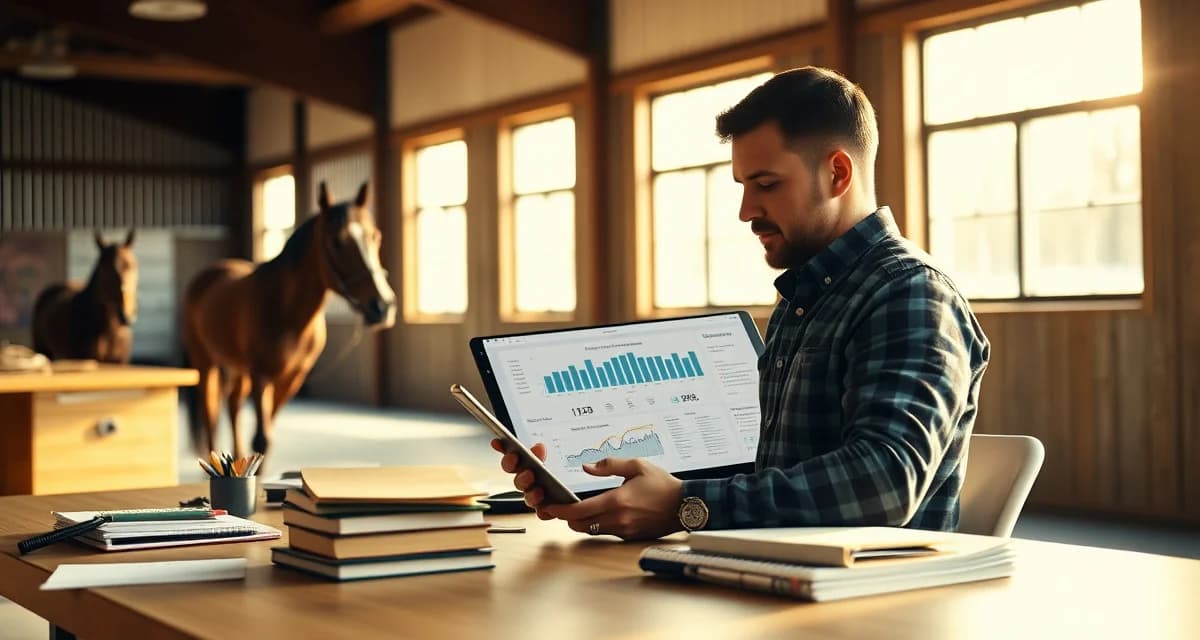Horse trainer reviewing cutting horse training progress and owner communication updates on digital platform in barn office