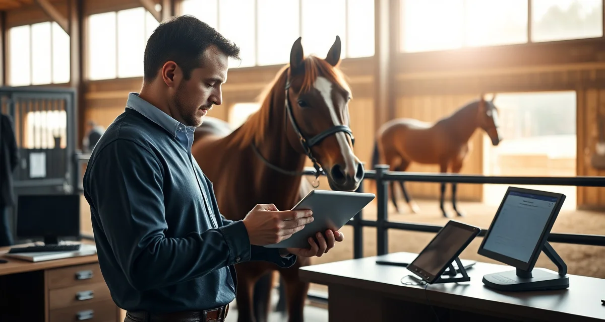 Cutting barn trainer reviewing daily owner communication updates on digital device in modern stable office environment
