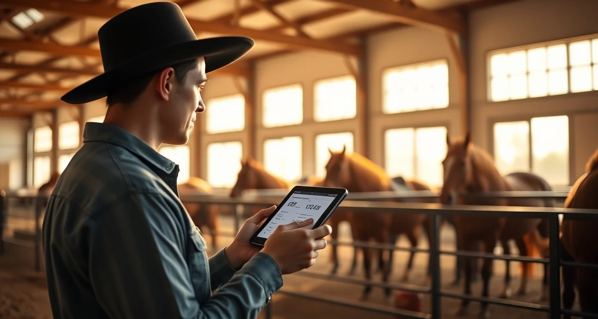 Cutting barn owner reviewing horse health updates and performance metrics on digital tablet in modern stable management system