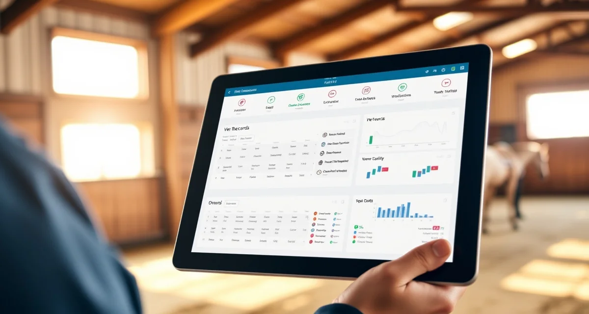 Cutting barn manager reviewing centralized vet records and owner communication updates on barn management software dashboard