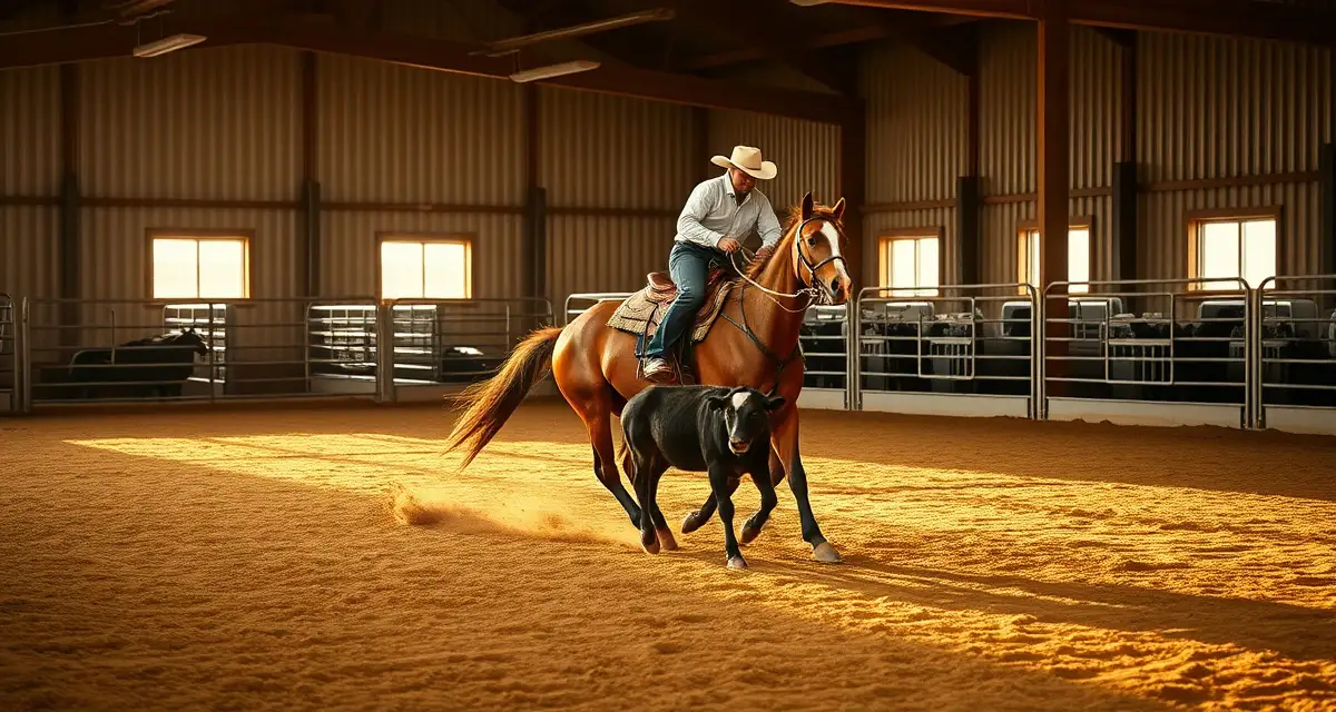 Cutting horse and rider demonstrating cattle work during barn training operations at a professional cutting facility