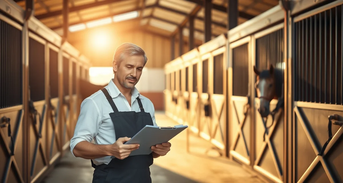Barn manager performing systematic daily barn inspection of horse stable facility with documentation checklist