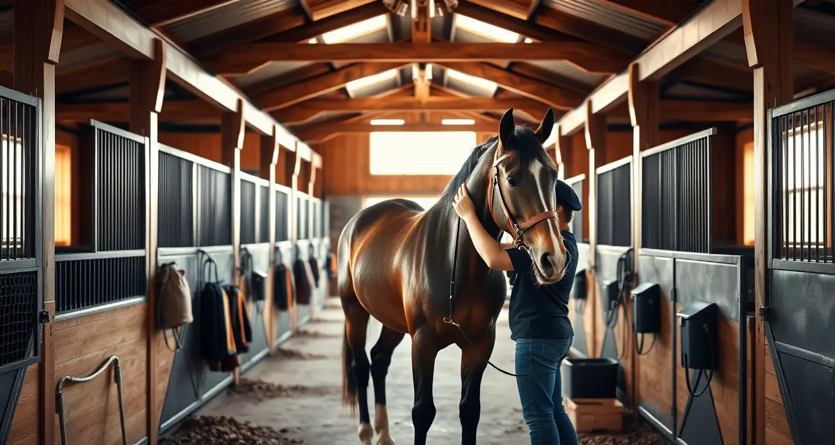 Organized horse barn interior showing stall cleaning, feed preparation, and horse care tasks in a well-managed equestrian facility.