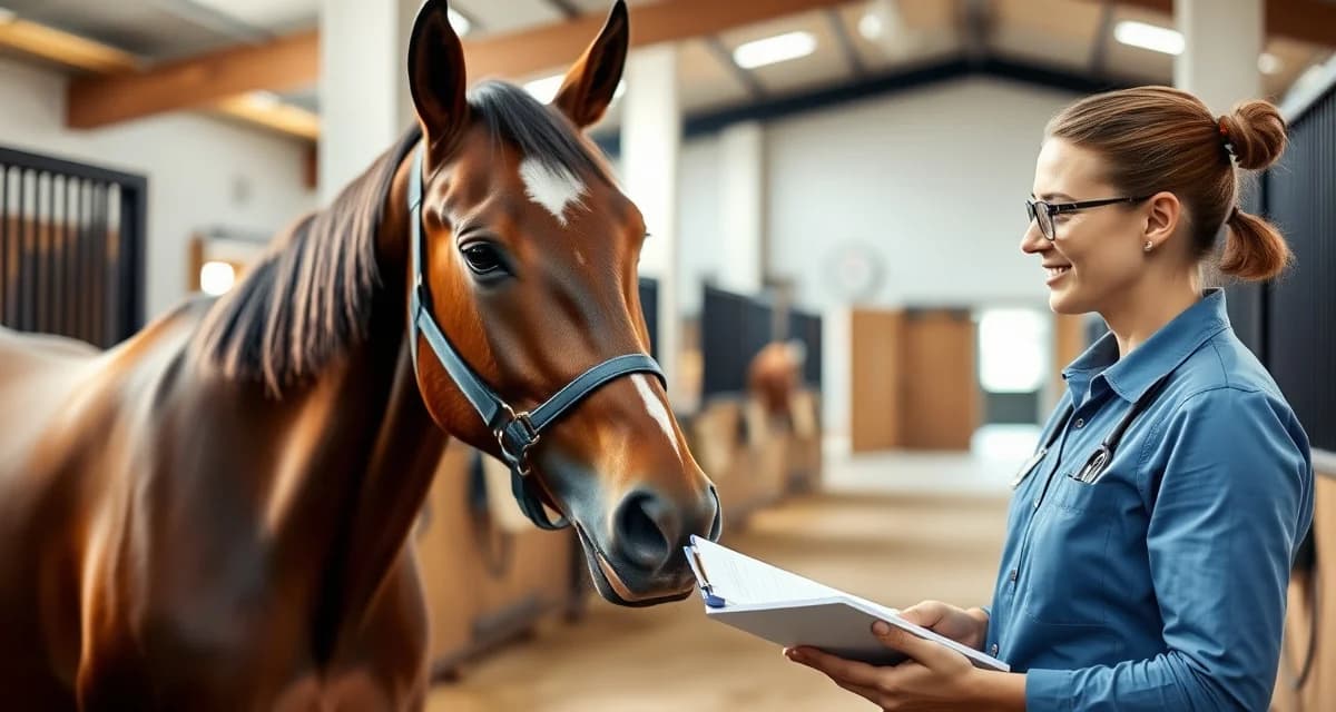 Barn staff performing daily horse health check protocol with systematic observation checklist in stable environment.
