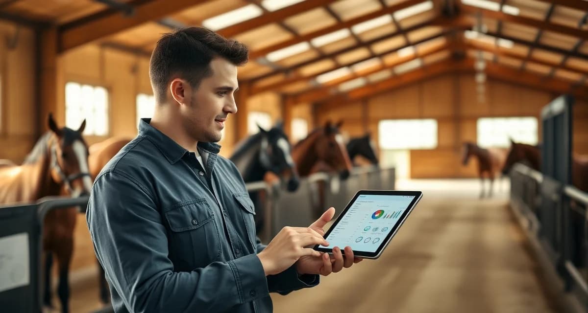 Horse owner reviewing automated daily barn report on digital device in stable environment with horses nearby