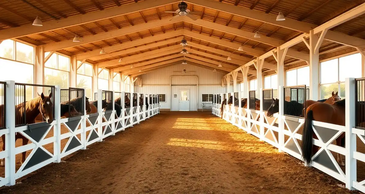 Modern equestrian barn facility in Delaware with organized stables and professional management systems for horse care operations.