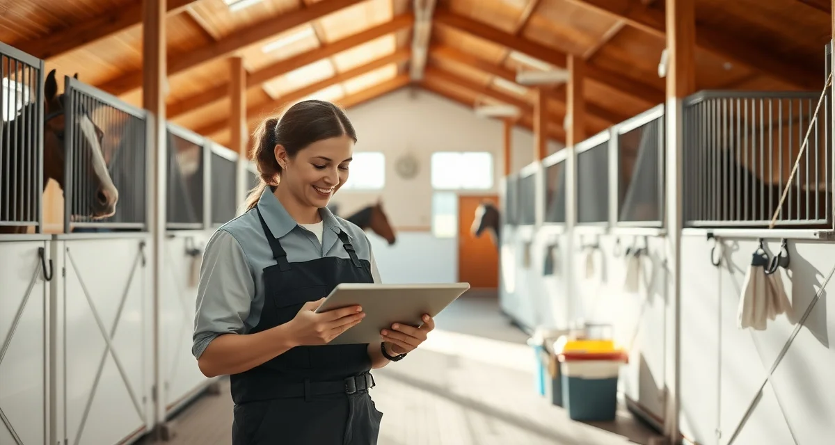 Horse barn stall cleaning software comparison showing digital task tracking on tablet versus paper logs for stable management