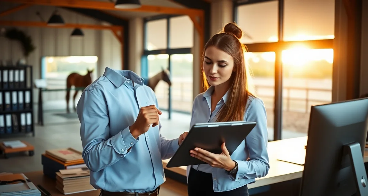 Dressage barn manager using specialized billing software to track lessons and training packages on tablet in barn office
