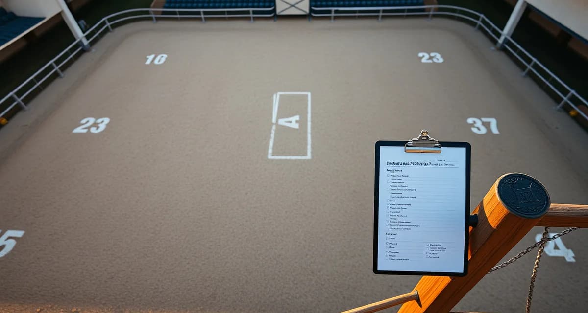 Organized dressage barn stable aisle with checklist clipboard showing daily management procedures for horse care and facility operations