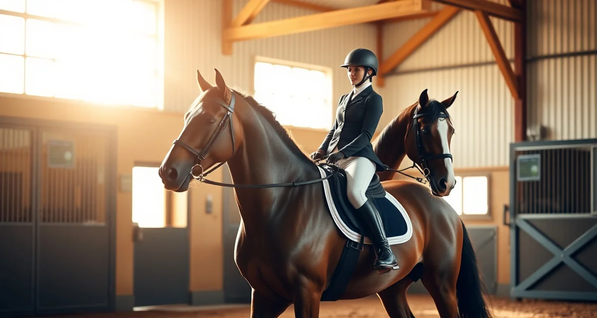 Dressage horse receiving health monitoring check in modern barn facility with specialized equipment