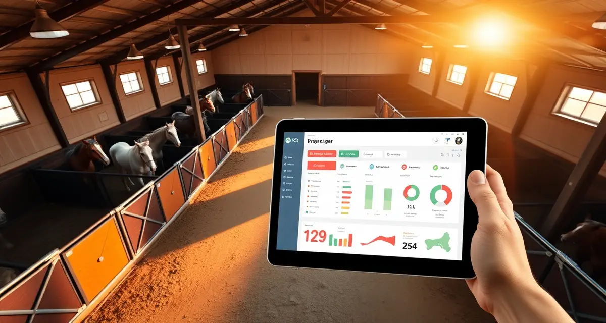 Organized dressage barn facility with horses and digital management system displayed on tablet for facility operations.