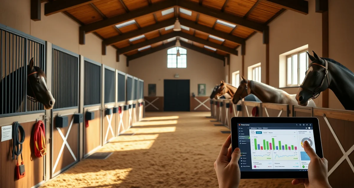 Modern dressage barn interior showcasing organized stall management and digital barn management software system for equine facilities