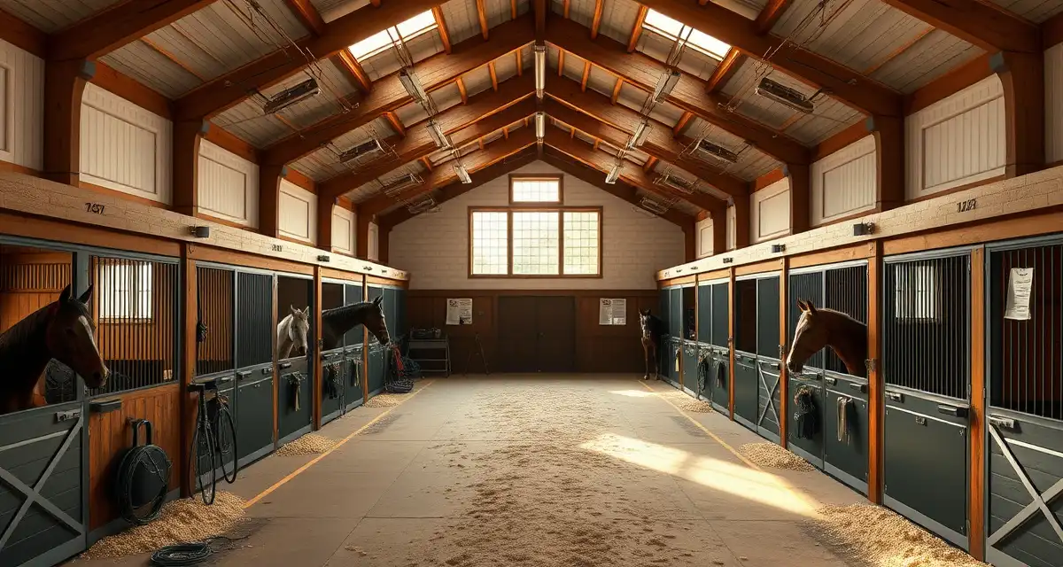 Professional dressage barn interior showing organized stalls, proper facility design, and well-maintained horse care systems for athletic development.