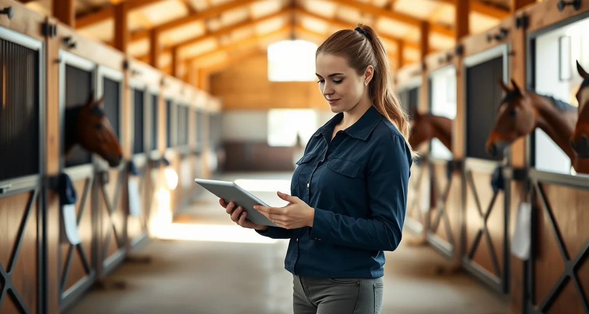 Barn manager using digital communication software to update dressage horse owners about training schedules and nutrition plans
