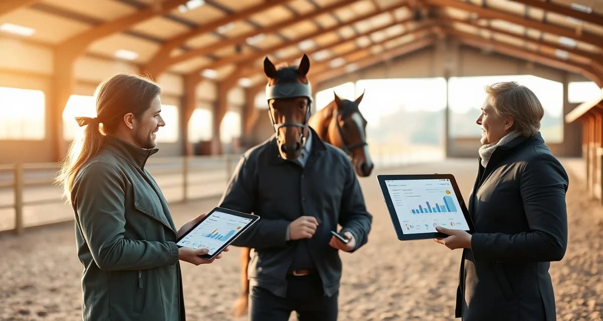Dressage barn trainer and horse owner reviewing training progress reports and updates on digital tablet near arena