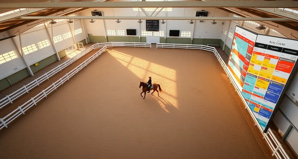 Dressage barn scheduling system showing organized arena time slots and training sessions for facility management