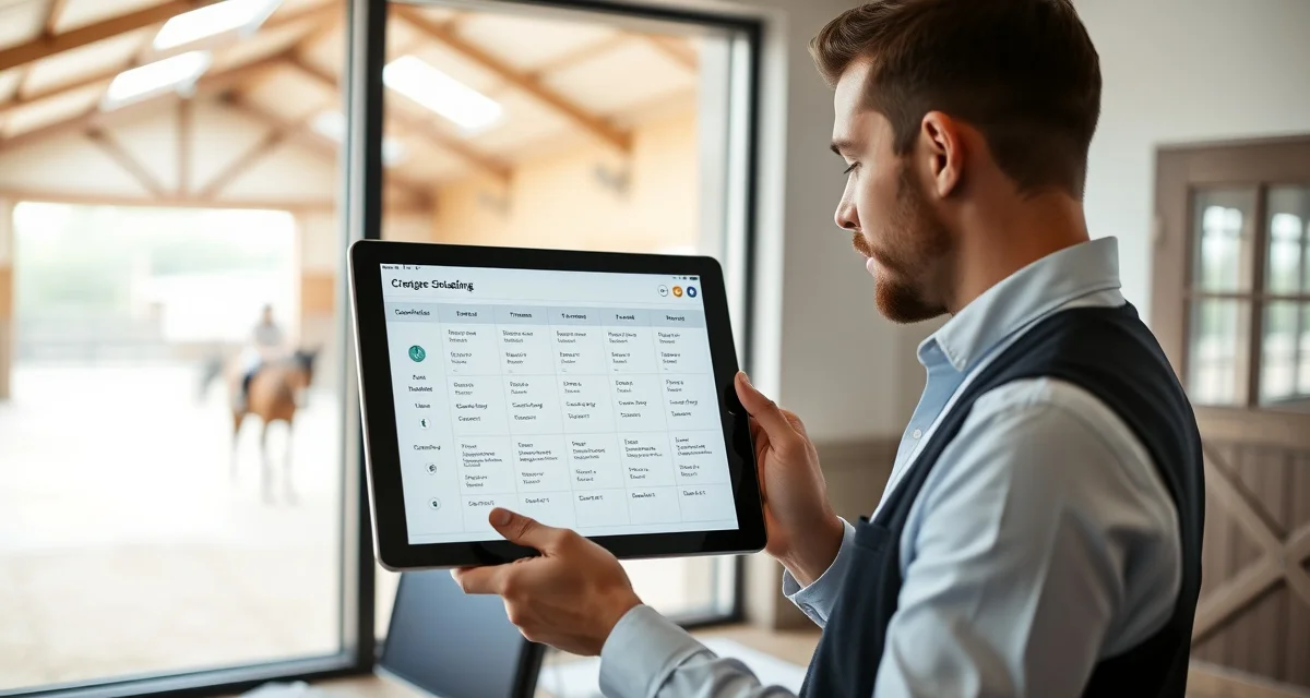 Dressage barn manager using specialized scheduling software to coordinate arena time, trainer rotations, and competition prep cycles