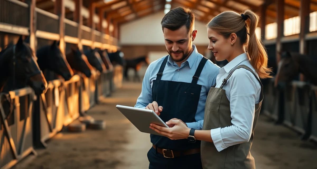 Dressage barn manager using staff scheduling software to coordinate specialized training schedules and roles