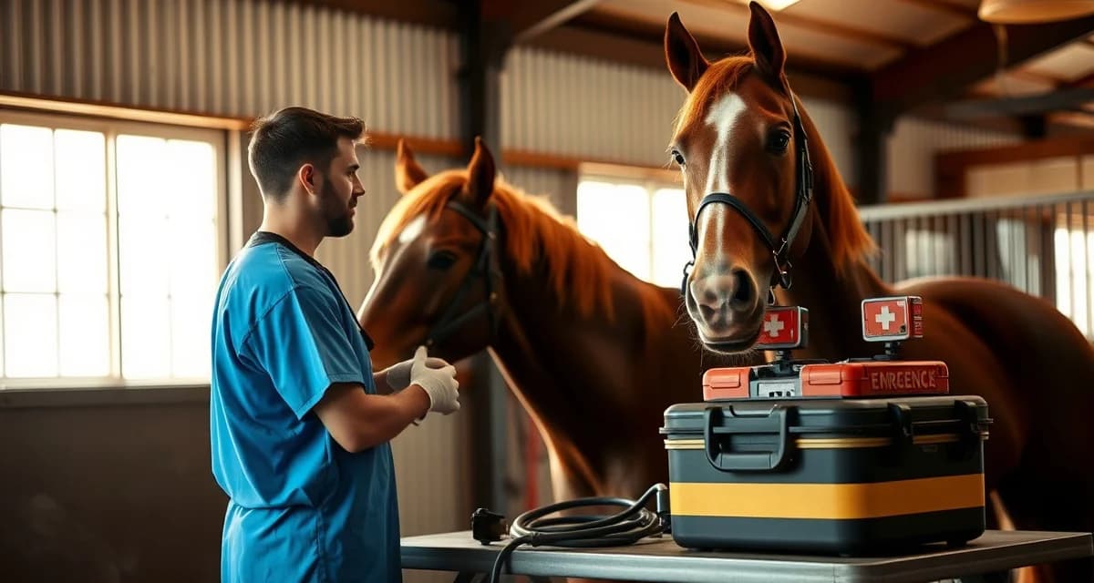 Equestrian veterinarian performing emergency examination on horse in professional barn facility with medical equipment