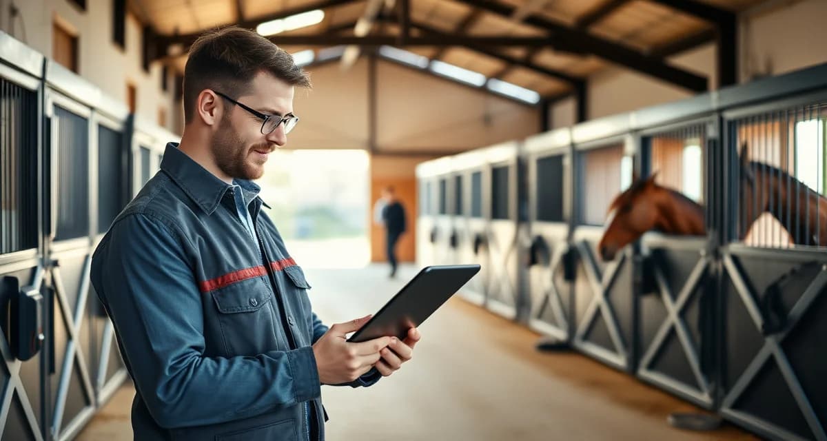 Endurance barn owner using emergency communication software to coordinate vet checks and conditioning updates with horse owners.