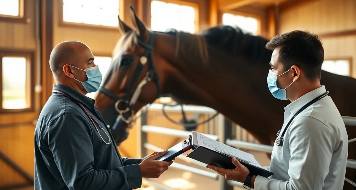 Equine manager monitoring endurance horse health metrics using digital barn management software in professional stable facility.