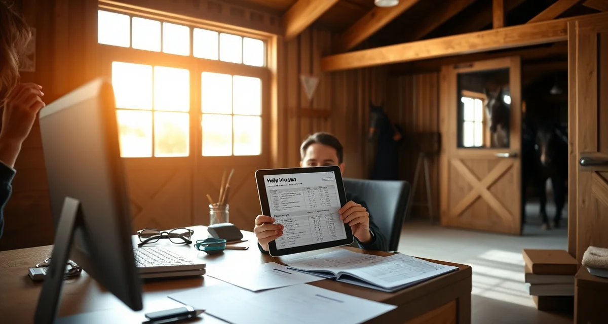 Barn manager using endurance horse billing software on tablet with conditioning and vet records visible on workspace desk