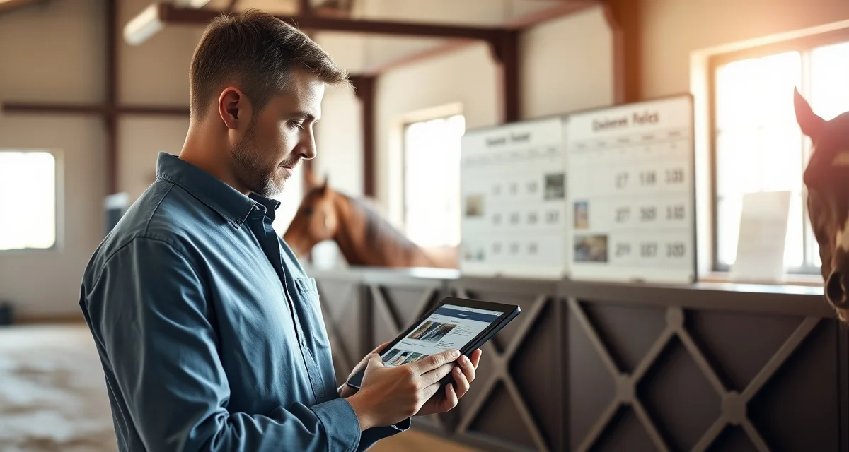 Endurance barn owner reviewing horse conditioning photos and updates on mobile device in stable management software interface
