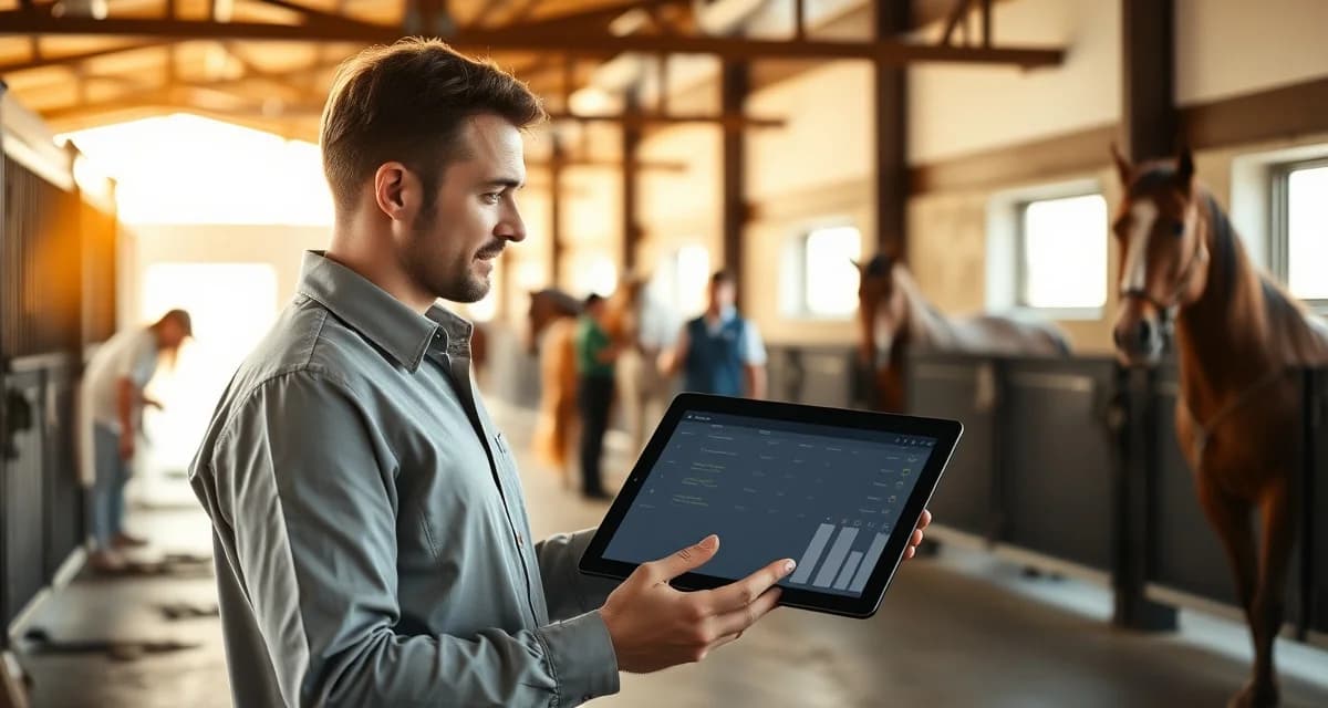 Barn manager using digital software to manage endurance facility staff schedules and horse conditioning programs