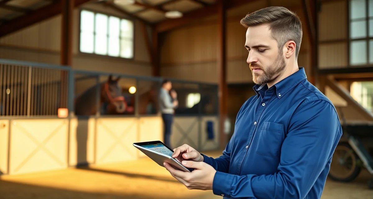 Facility manager using endurance barn scheduling software to organize horse conditioning calendar and competition planning