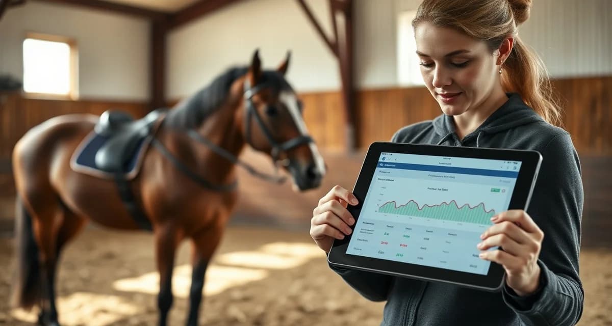 Barn manager reviewing endurance horse training progress data and conditioning metrics on digital dashboard software