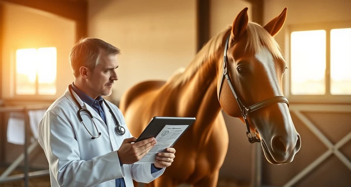 Endurance barn owner viewing veterinary records and conditioning data in specialized equine management software portal.