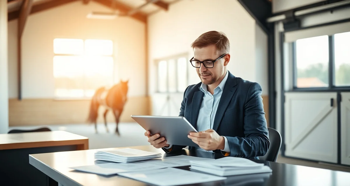Equestrian facility manager configuring billing software system on tablet in professional barn office setting with organized documents