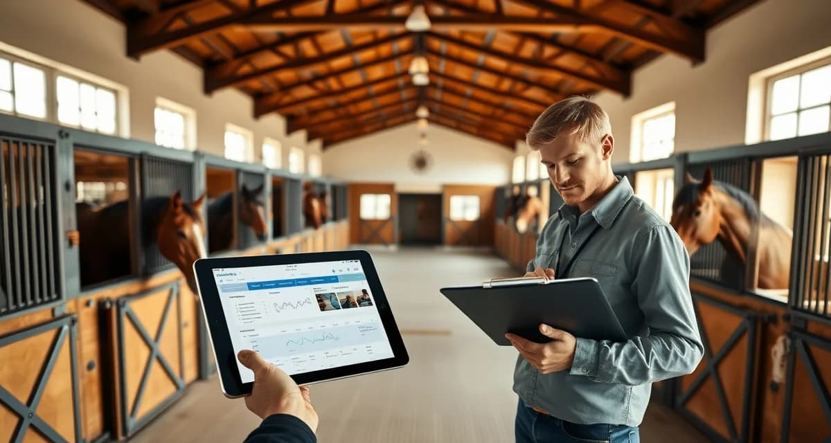 Modern horse barn interior showing equestrian facility management system interface on tablet with organized stall management
