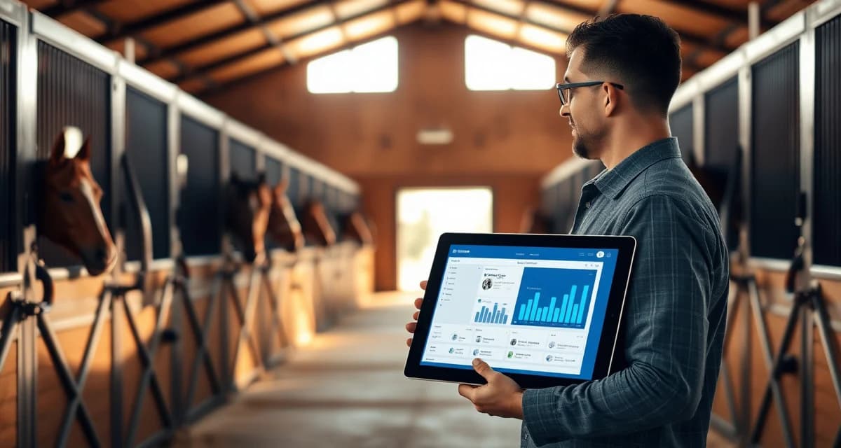 Modern horse barn facility manager using equestrian management software on tablet to oversee stable operations and scheduling