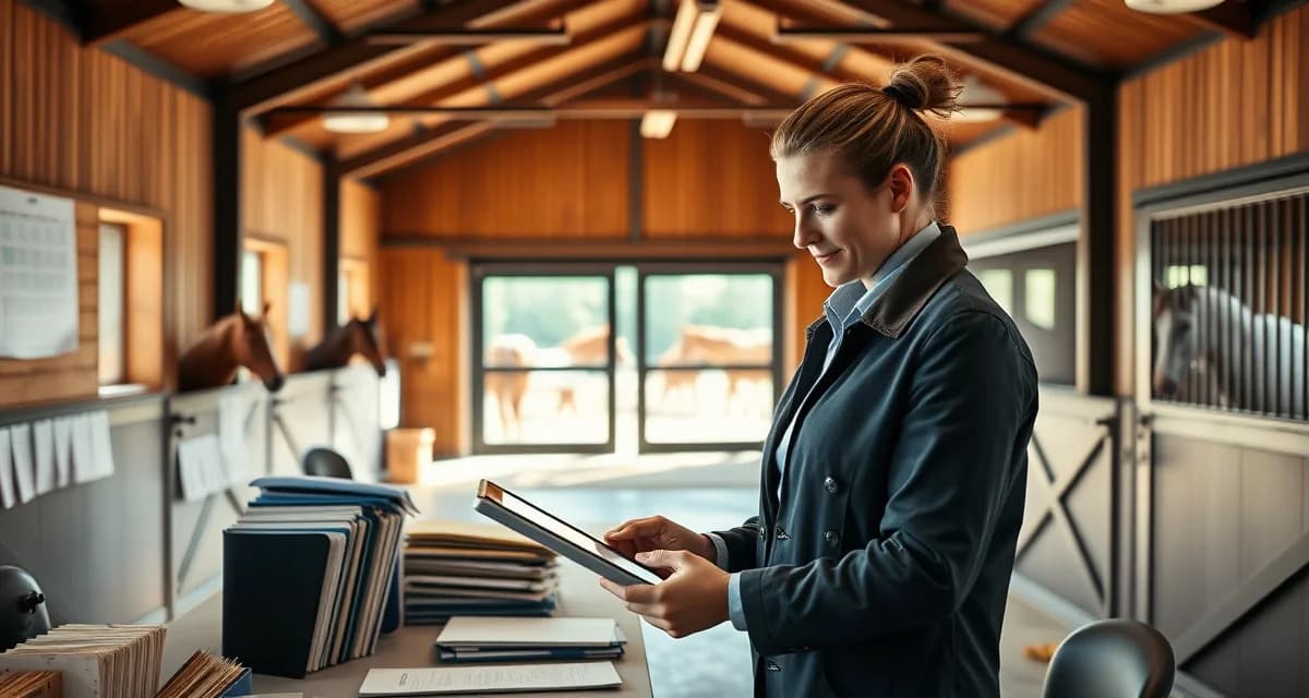 Equestrian facility manager using digital management software on tablet in organized barn office with horses in background