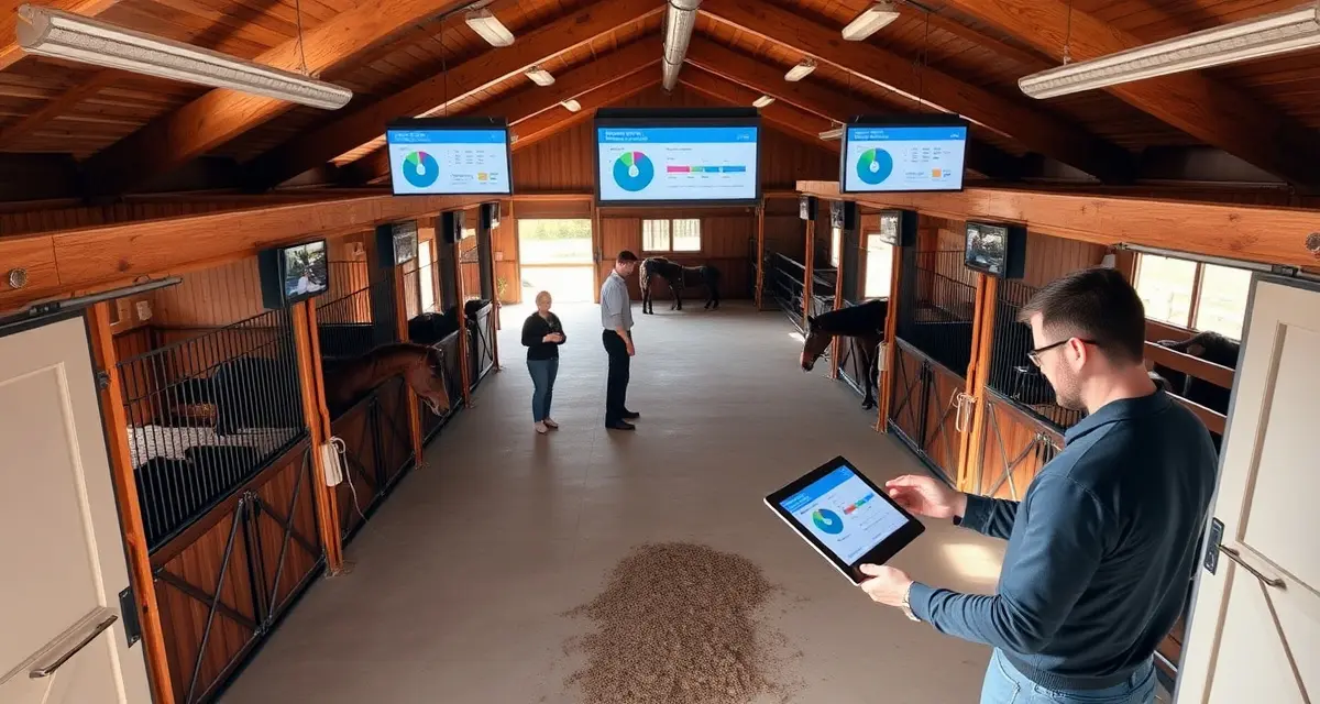 Modern horse barn interior showing equestrian facility management setup with organized stalls, digital displays, and barn management software in use.