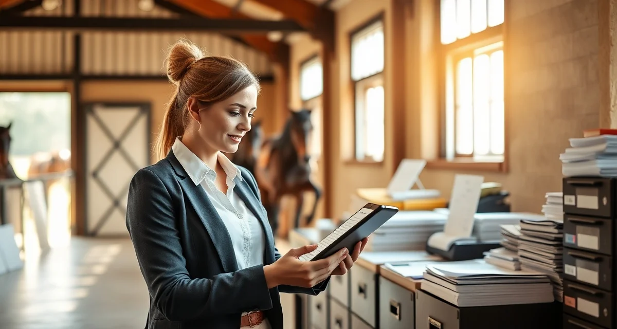 Professional equestrian training facility manager organizing schedules and horse training records for daily operations management