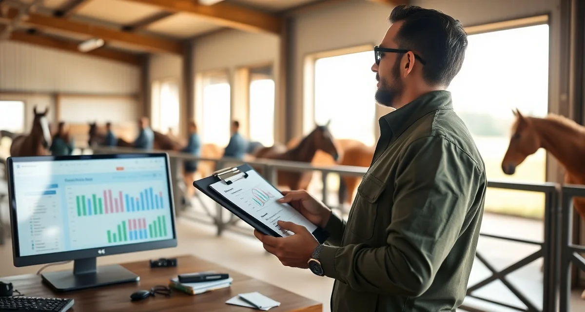 Equine facility manager reviewing staff schedules and barn management tasks in a modern stable office environment.