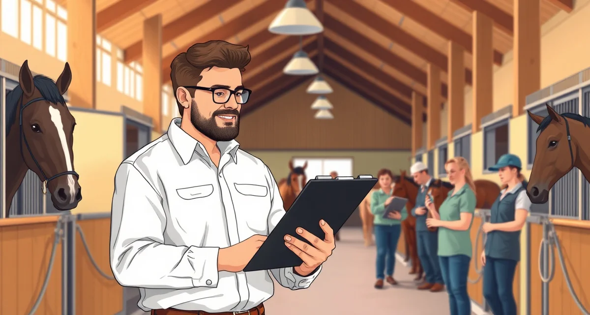 Barn manager organizing equine facility staff schedules and daily task assignments for horse stable operations management.