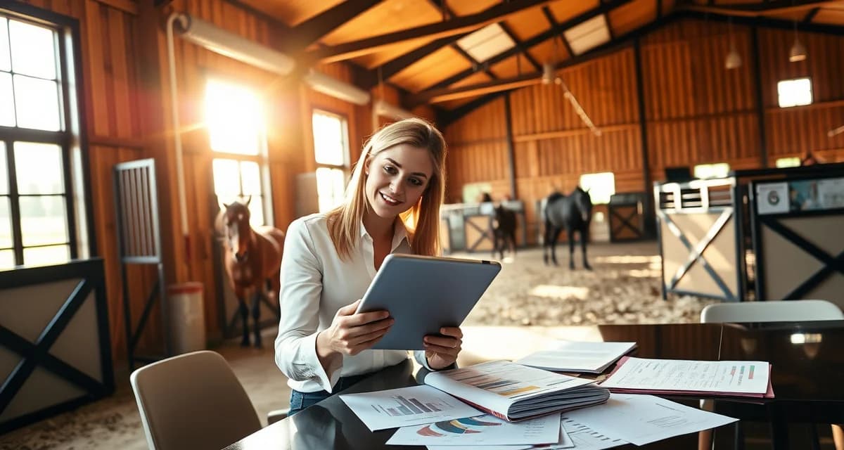 Horse barn facility manager analyzing different boarding types and pricing options for equine business management.