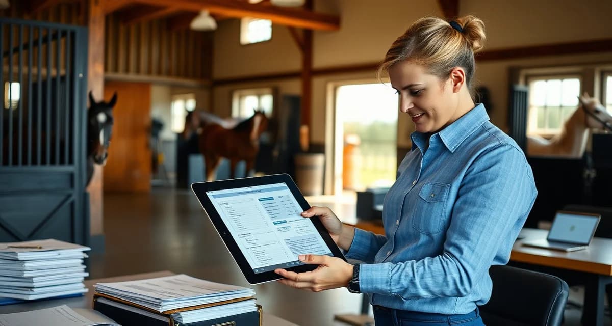 Horse barn manager reviewing equine boarding billing statements and payment records on digital management software dashboard.