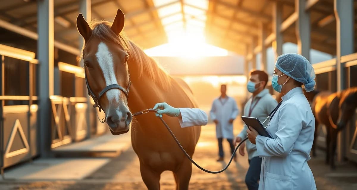 Veterinarian performing mare cycle detection during teasing at a professional equine breeding facility with attentive handlers present