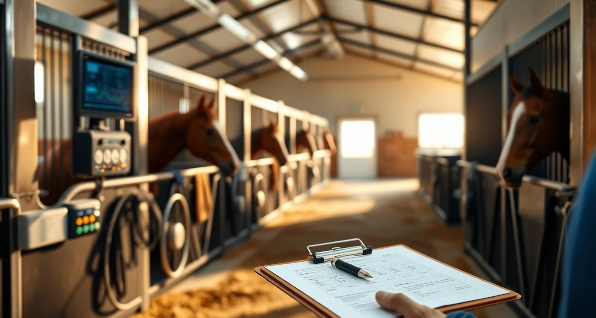 Organized equine breeding barn with mare stalls and record management systems for tracking reproductive cycles and foaling data