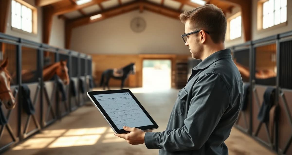 Horse barn manager using digital equine care scheduling software to coordinate herd health maintenance and daily care tasks