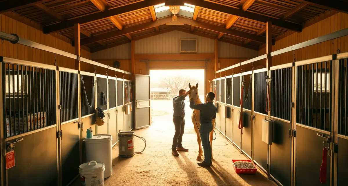 Organized horse barn interior showing feed management, clean stalls, and daily care operations at a professional equine facility.