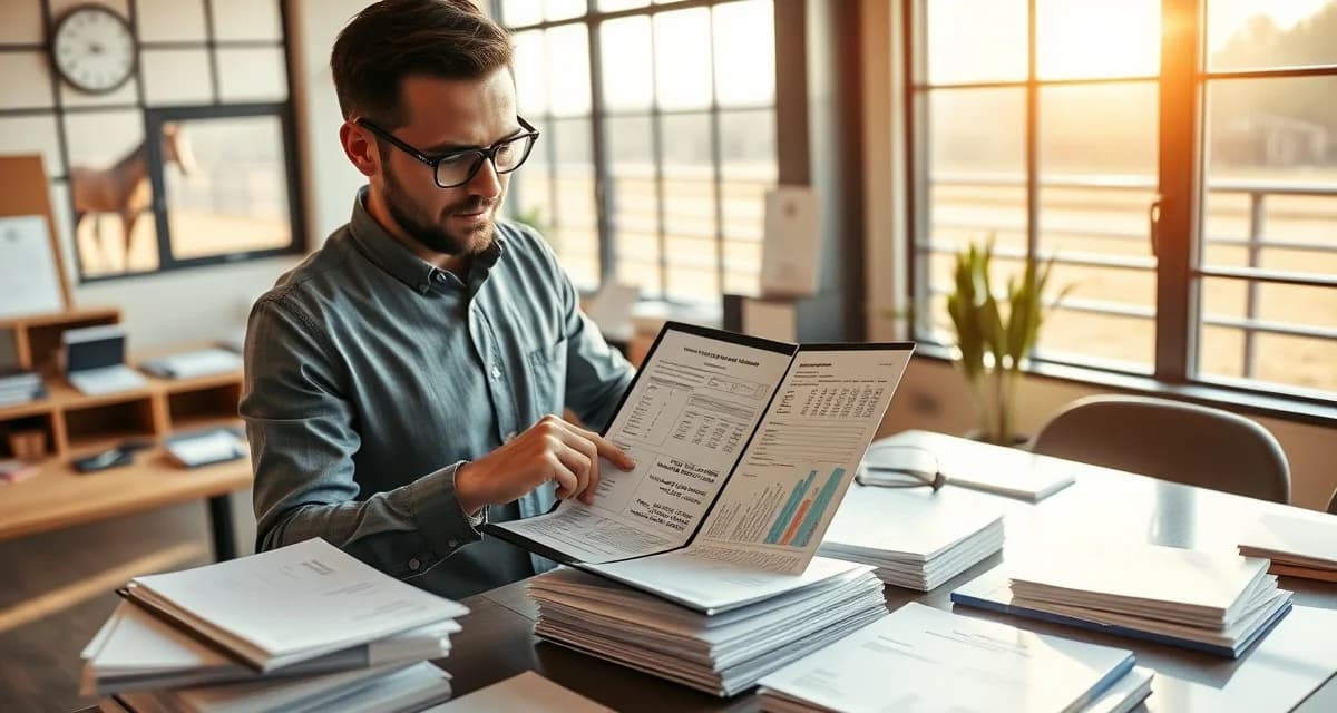 Equine facility manager reviewing detailed billing and financial reports to track charges and prevent revenue leakage
