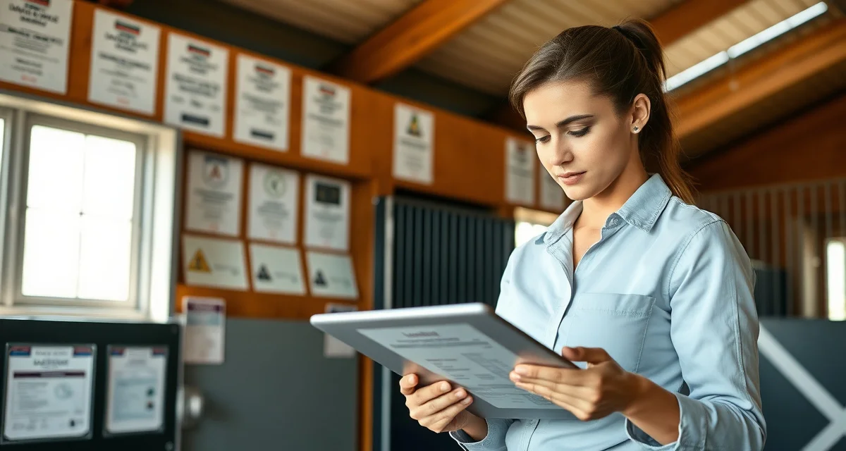 Barn manager organizing equine facility risk management documentation and liability records in stable office