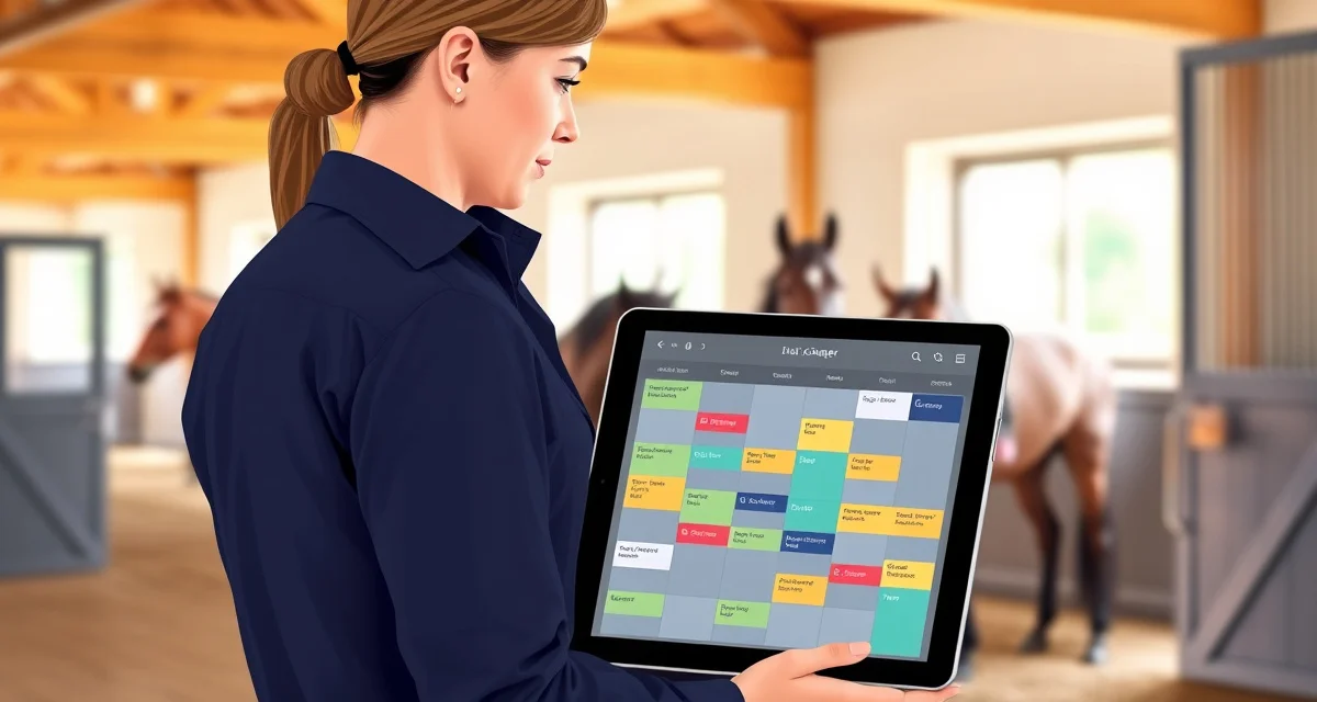 Equine facility scheduling dashboard showing integrated daily care, health maintenance, lesson, and staff scheduling systems on a digital platform.