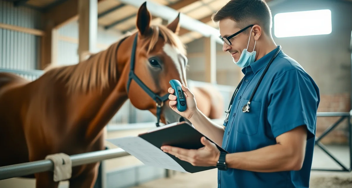 Veterinarian monitoring horse health vitals in stable barn management environment with digital health tracking tools