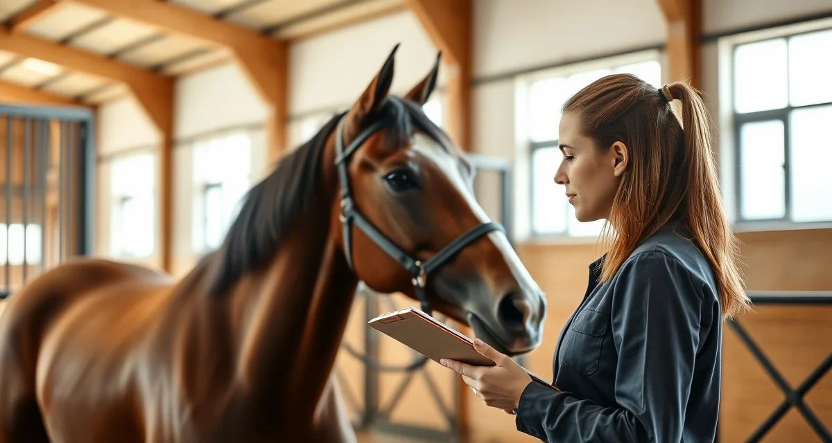 Barn manager conducting equine health observation checklist to monitor horse behavior and detect early signs of illness